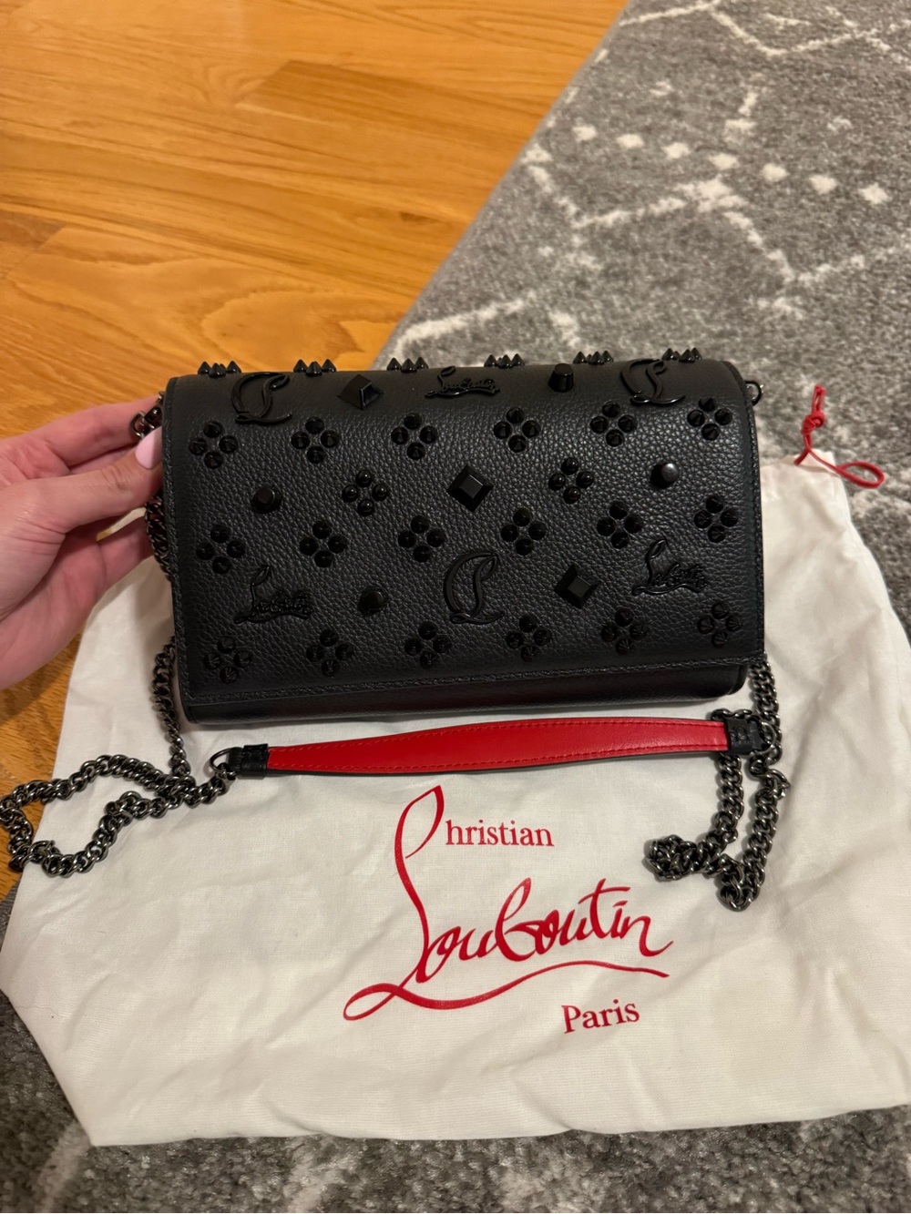 Christian Louboutin Black Leather Studded Crossbody with Red Shoulder Pad